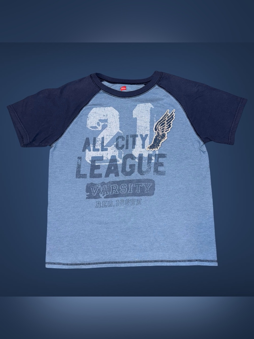 Hanes Youth Boys Large Blue Raglan All City League Varsity Graphic T-Shirt
